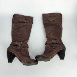 Arturo Chiang Leather Knee High Boots 8.5M Brown Block Heel Buckle Straps